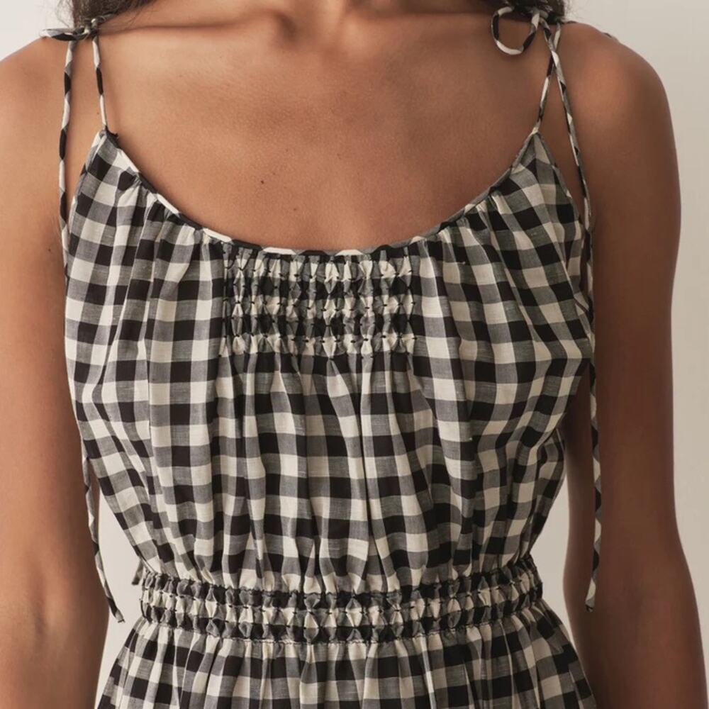 NWT Doen Leslie Linen Tie Strap A Line Midi Dress Marilyn Gingham Black White - Picture 3 of 15